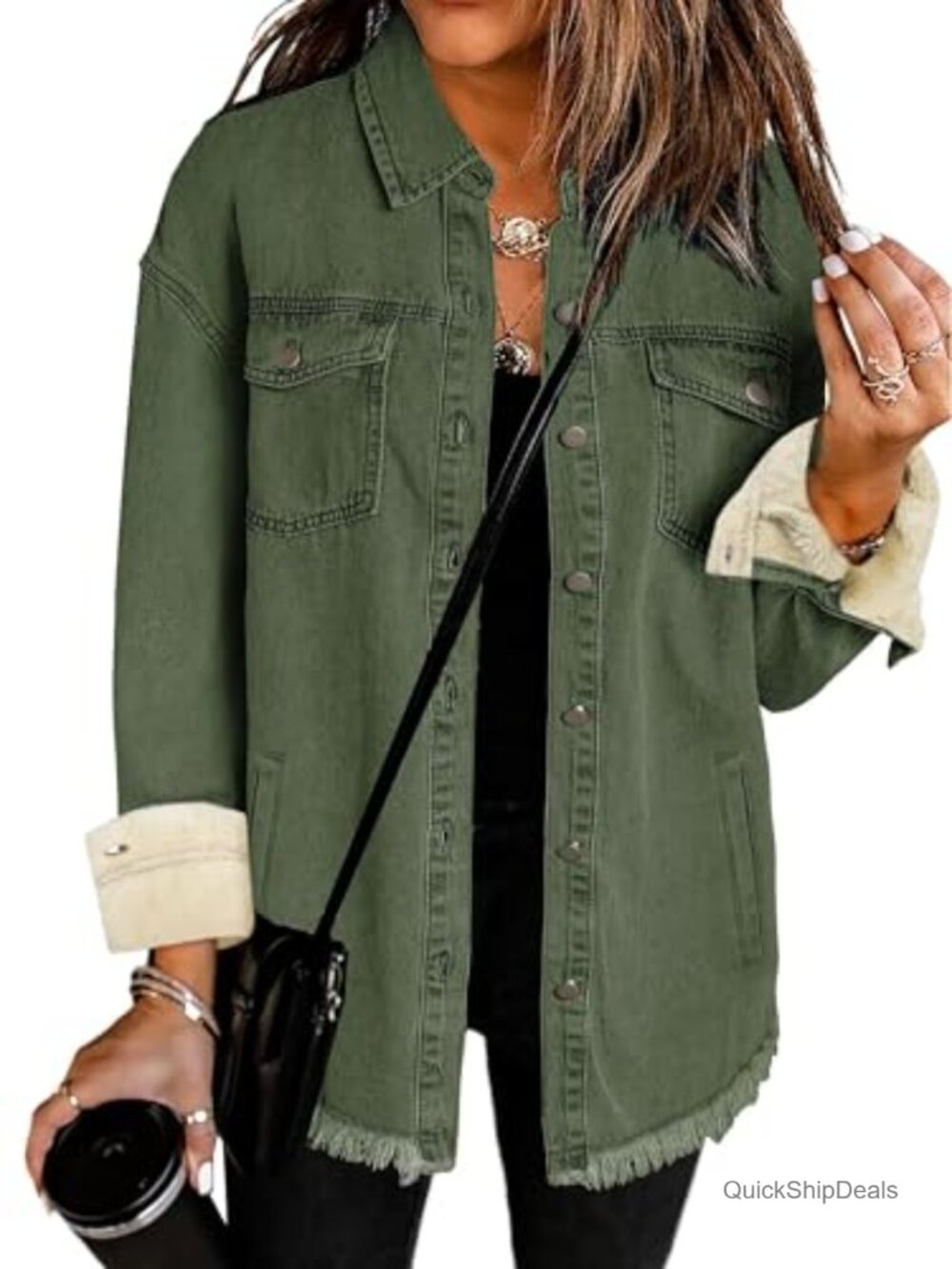 Oversized Fleece Lined Denim Jacket Womens Long Sleeve Jean Shacket